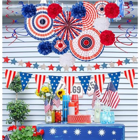 29-Piece Patriotic Party Decor Set – Red, White & Blue Fans, Poms, Banners - Picture 2 of 7